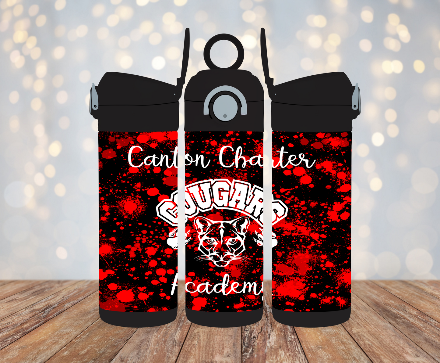 12oz Kids Water Bottle - Color: Black - Paint Splatter with CCA and Cougars Mascot