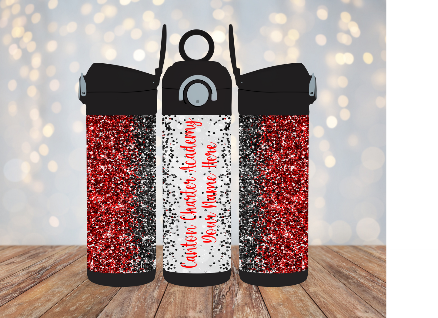 12oz Kids Flip Top Water Bottle - Color: Black - Red and Black Vertical Glitter with Personalization