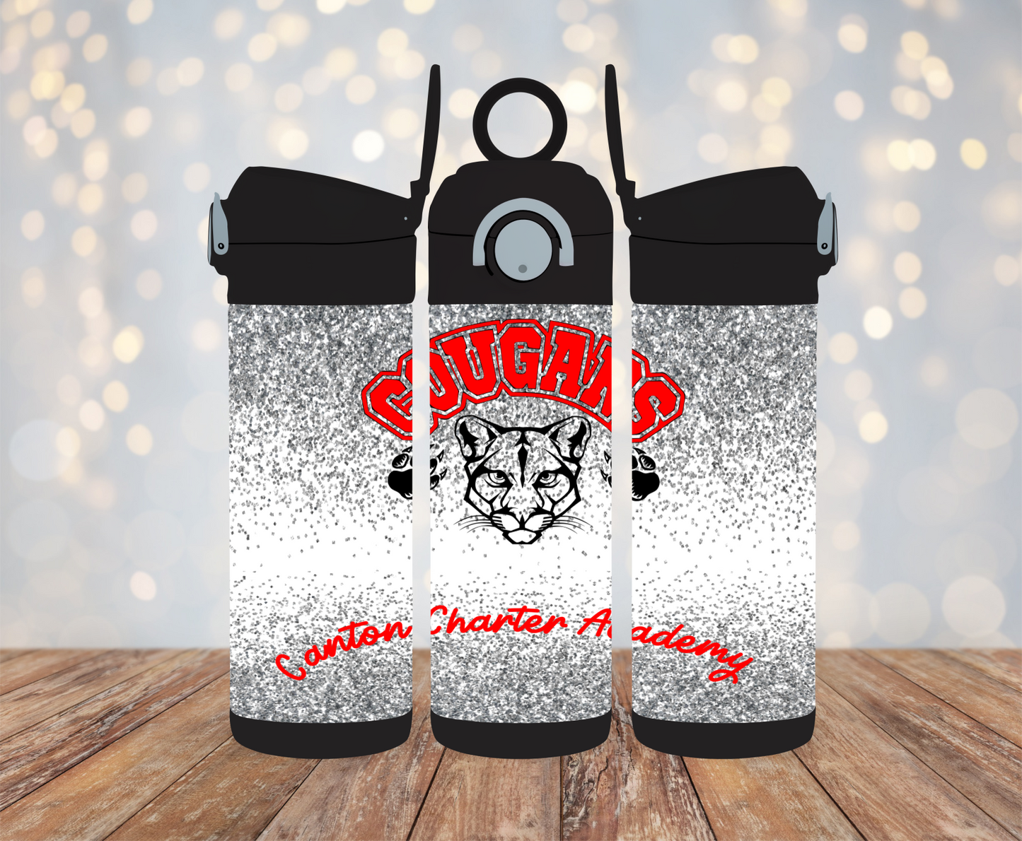 12oz Kids Flip Top Water Bottle - Color: Black - Silver Glitter with CCA and Cougars Mascot