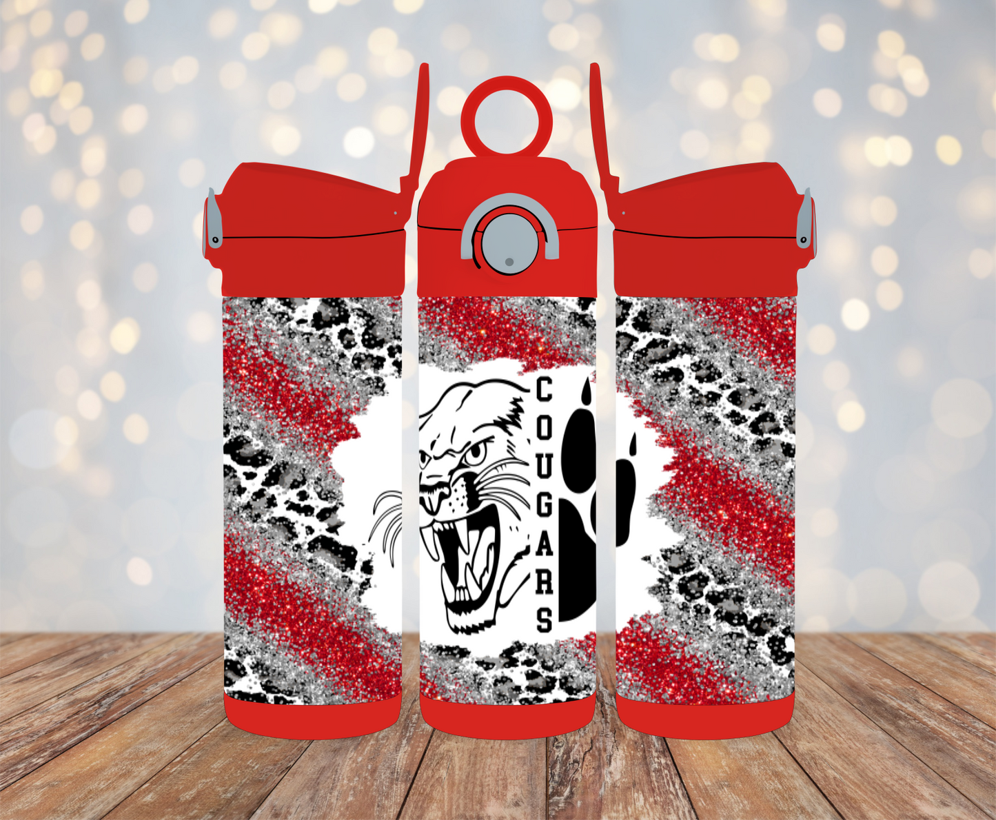 12oz Kids Flip Top Water Bottle - Color: Red - Red, Silver and Cheetah Glitter with Cougars Mascot