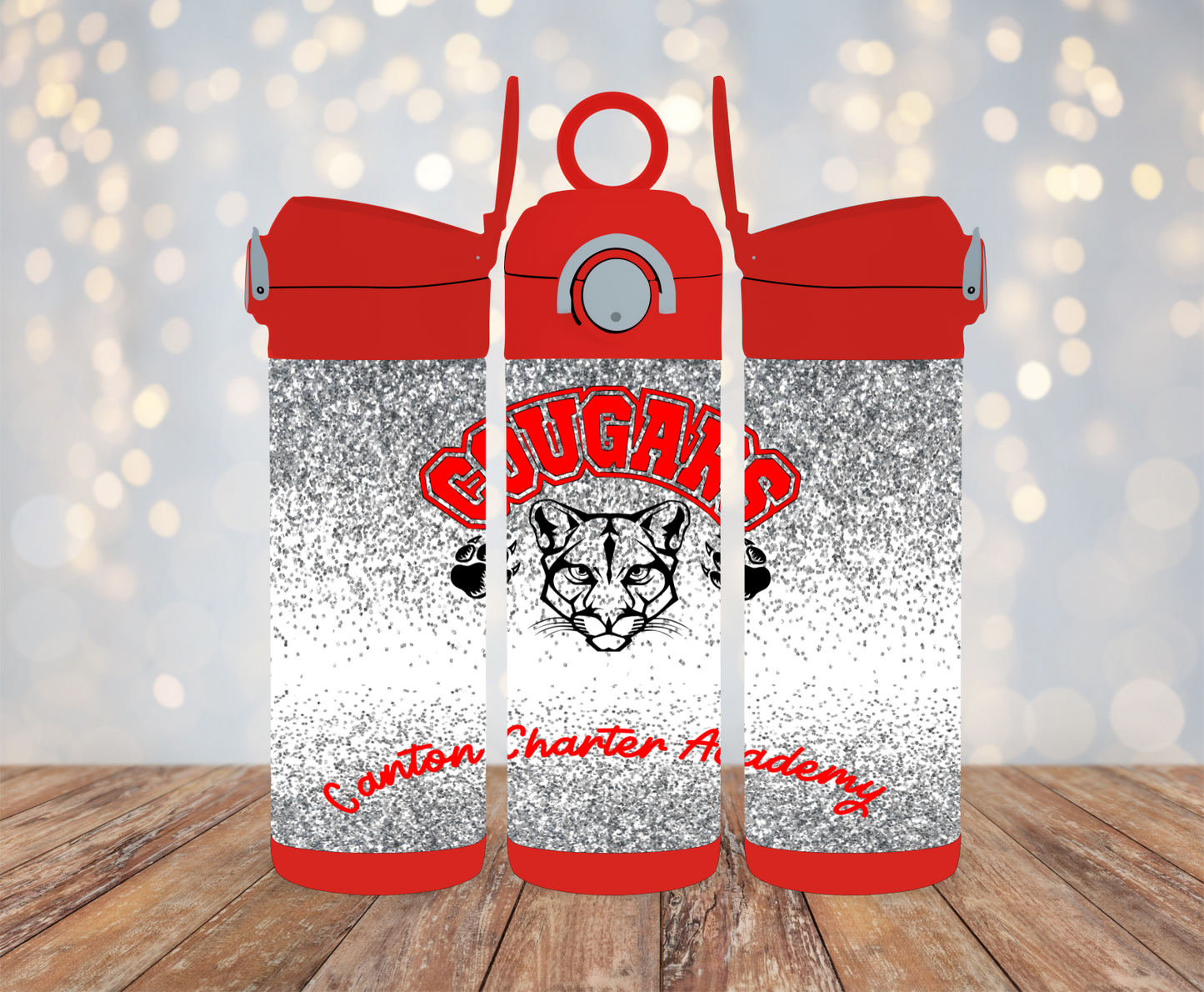 12oz Kids Flip Top Water Bottle - Color: Red - Silver glitter with Red CCA and Cougars Mascot