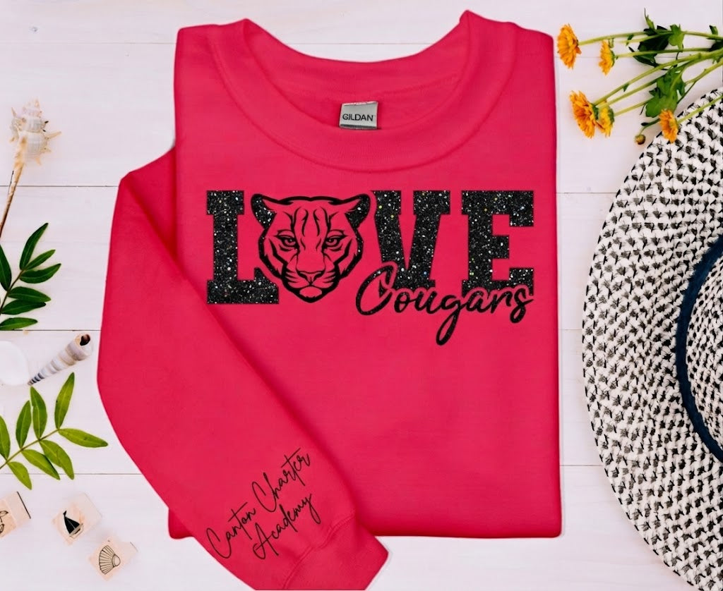 Glitter Sweat Shirt - Love Cougars Design - Youth and Adult Sizes