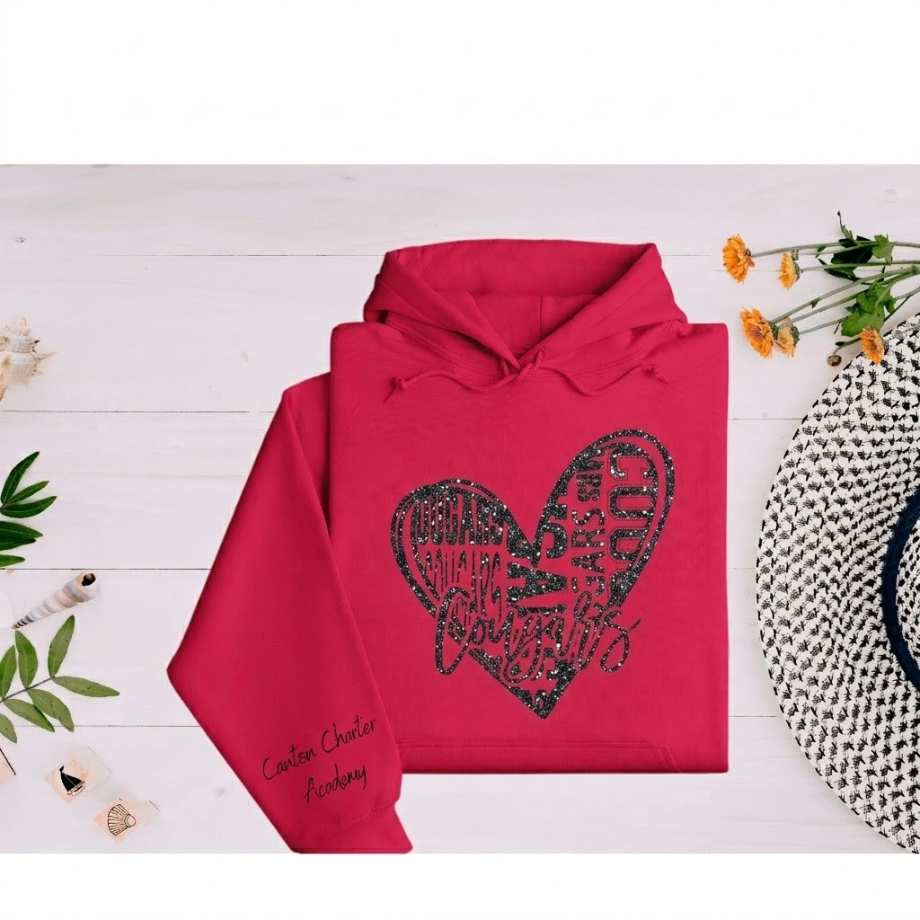 Glitter Hoodie - Multi-Font Cougars Heart Design - Youth and Adult Sizes
