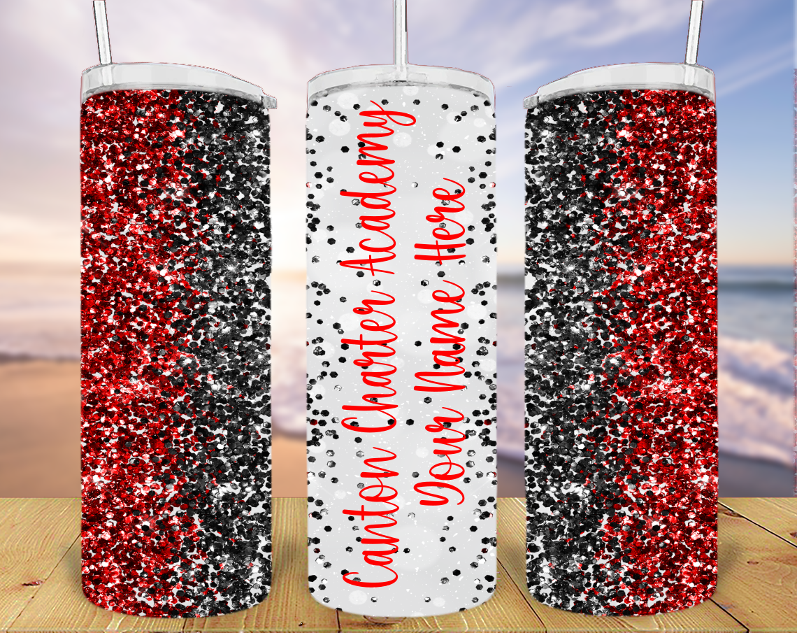 20oz Skinny Tumbler - Red and Black Glitter with CCA and Your Personalized Name