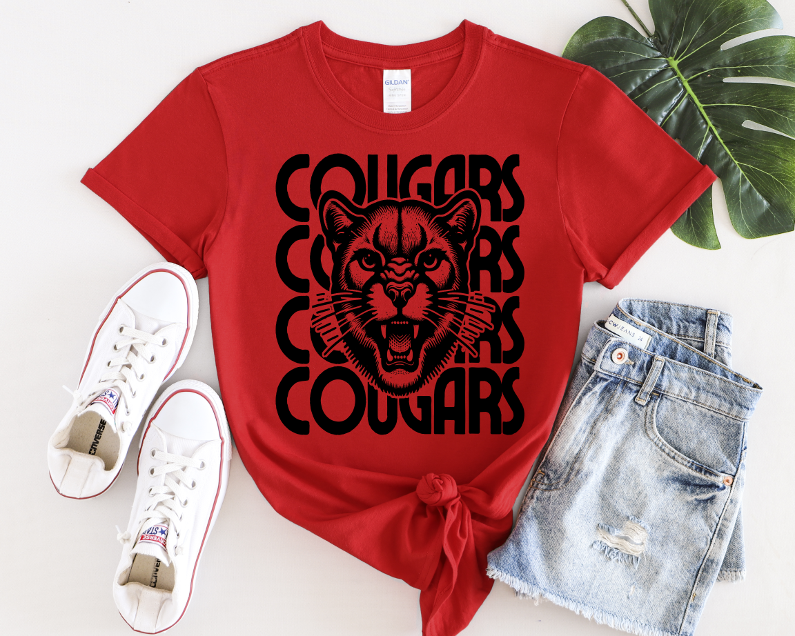 Stacked Cougars with Mascot Red Short Sleeved T-Shirt - Youth and Adult Sizes Available