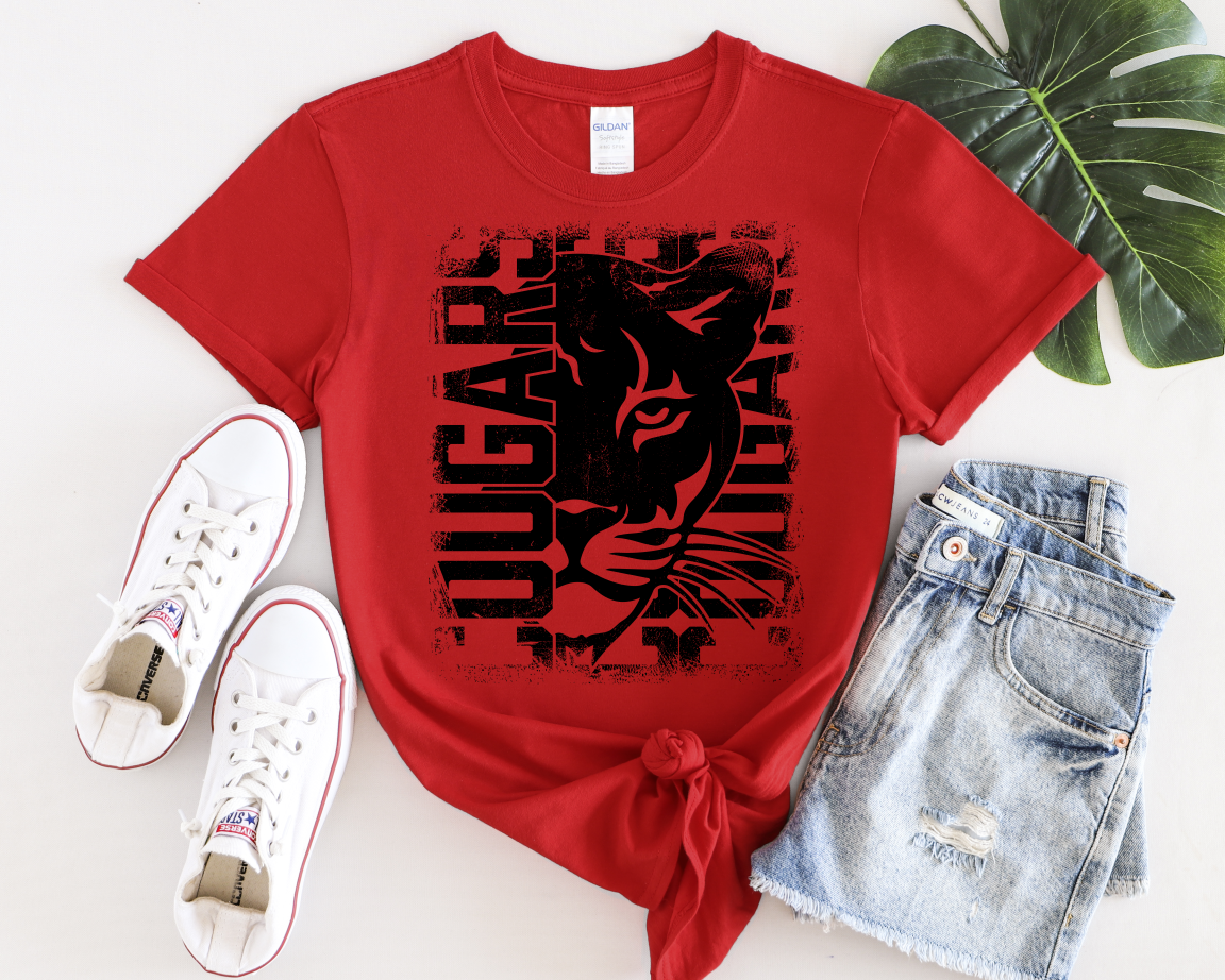 Distressed Cougar - Red Short Sleeved T-Shirt - Youth and Adult Sizes Available