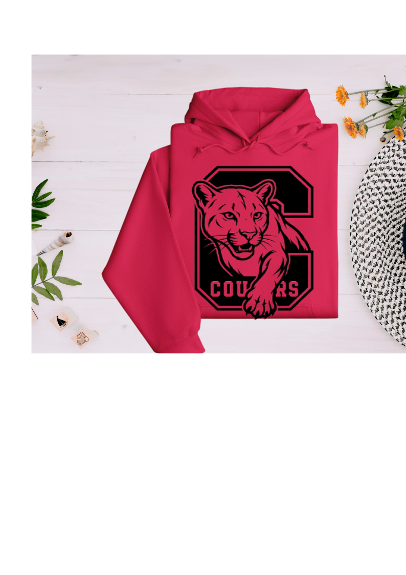 Polyester Hoodie in Red - Cougar Walking Through Big C Design - Youth and Adult Sizes