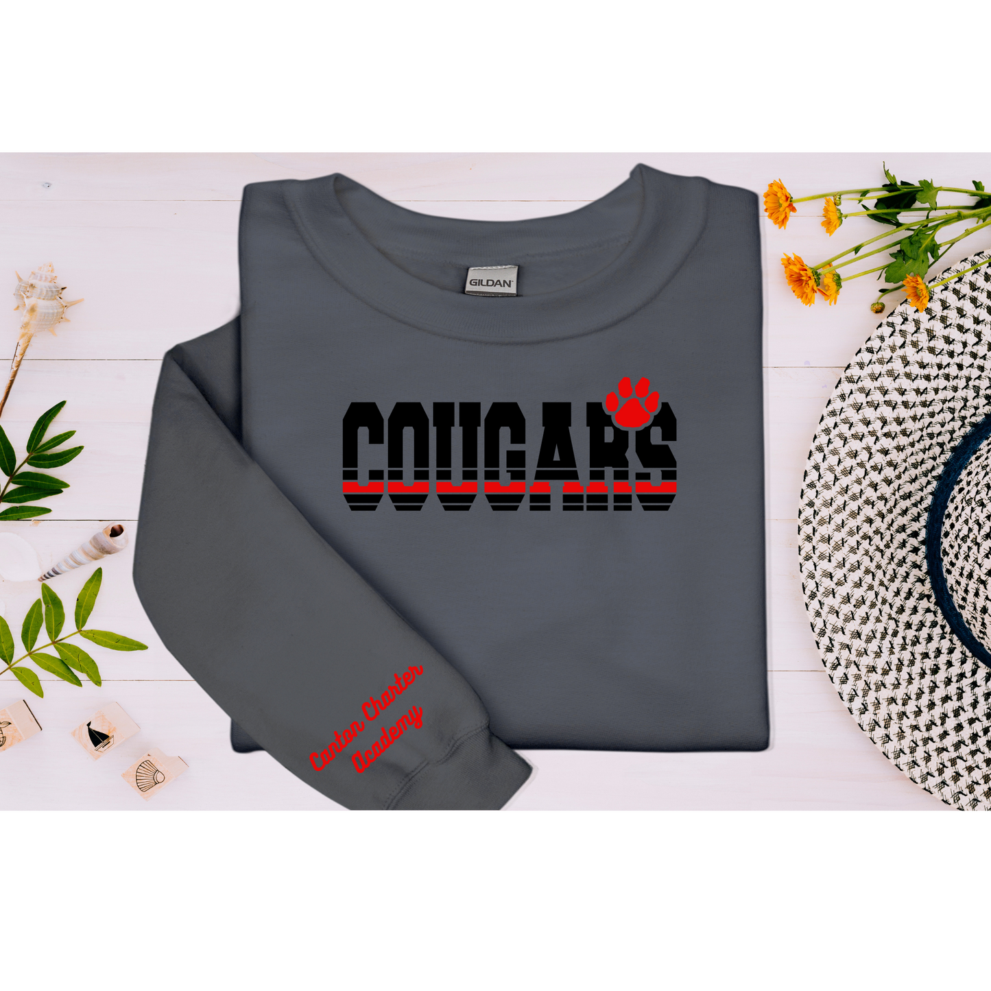 Sweat Shirt - Cougars on Dark Gray - Sleeve Detail - Toddler, Youth and Adult Sizes Available