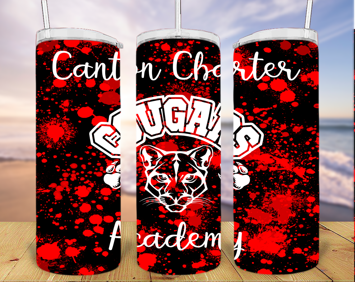 20oz Skinny Tumbler - Black and Red Paint Splatters with CCA and Cougar Logo
