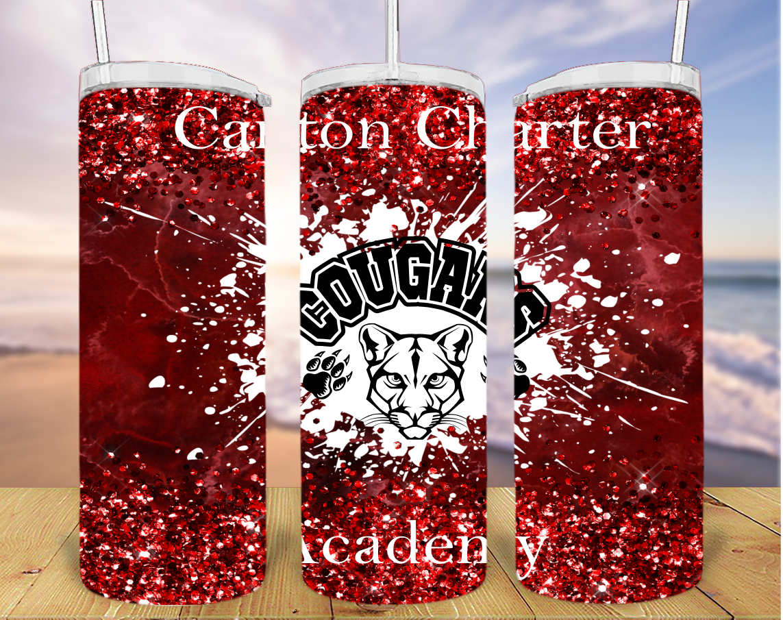 20oz Skinny Tumbler - Red with Glitter and White Splatter - CCA and Cougar Logo