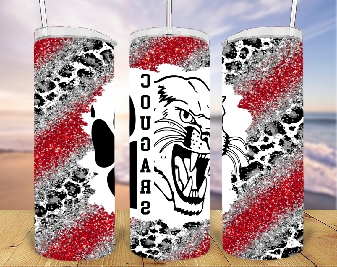 20oz Skinny Tumbler with Red, Silver and Black Cheetah Print
