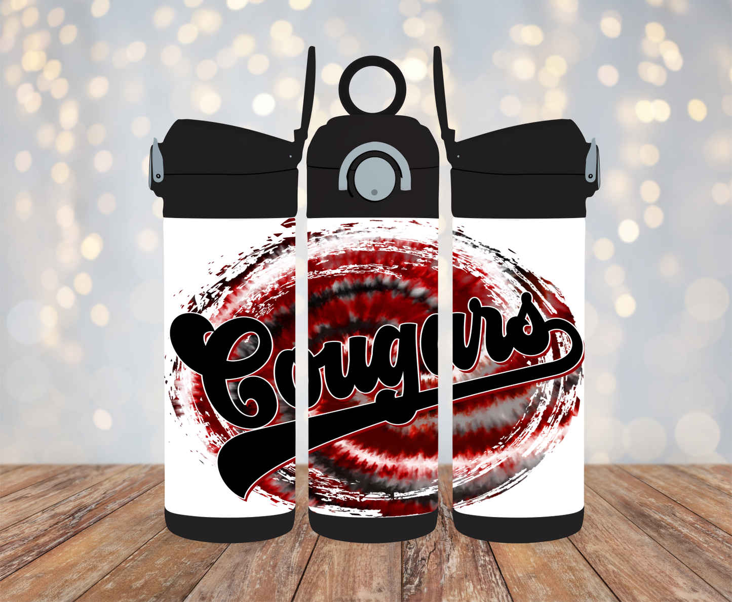 12oz Kids Water Bottle - Color: Black - Tie Dye Swirl Cougars