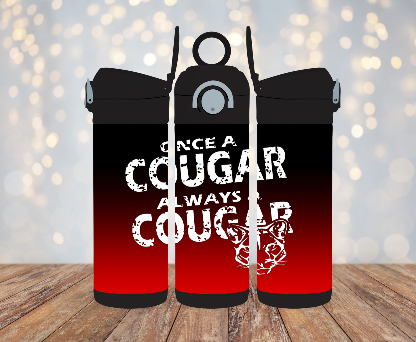 12oz Kids Flip Top Water Bottle - Color: Black - Once A Cougar, Always A Cougar