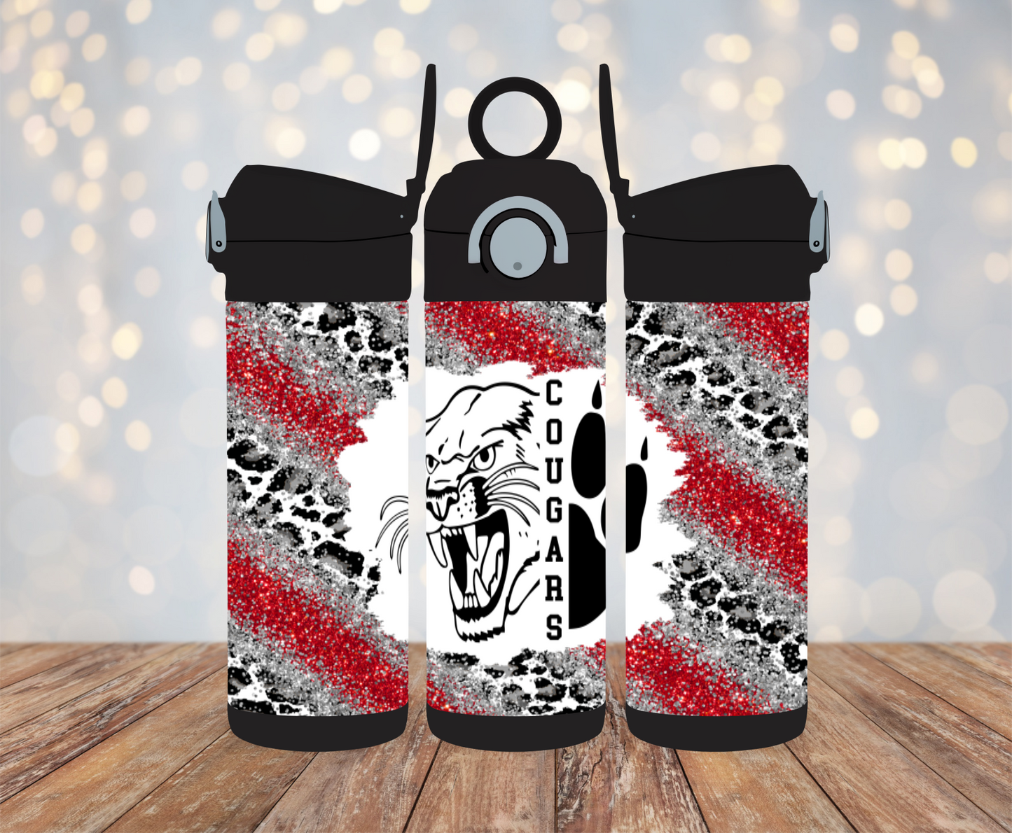 12oz Kids Flip Top Water Bottle - Color: Black - Red, Silver and Cheetah Glitter with Mascot