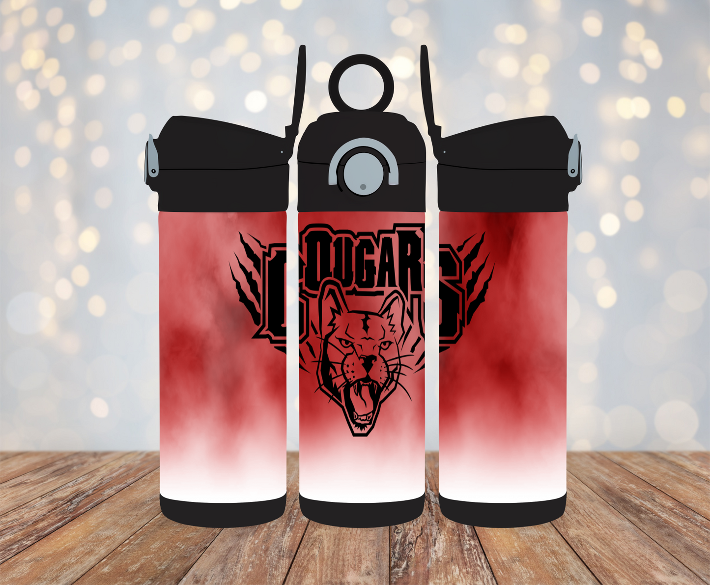 12oz Kids Flip Top Water Bottle - Color: Black - Red Smoke Effect with Cougar Mascot