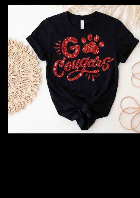 Glitter Short Sleeve T-Shirt - Go Cougars in Vinyl Design - Youth and Adult Sizes