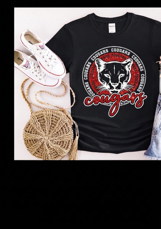 Glitter Short Sleeve T-Shirt (Black) - Circle Cougars Design - Youth and Adult Sizes