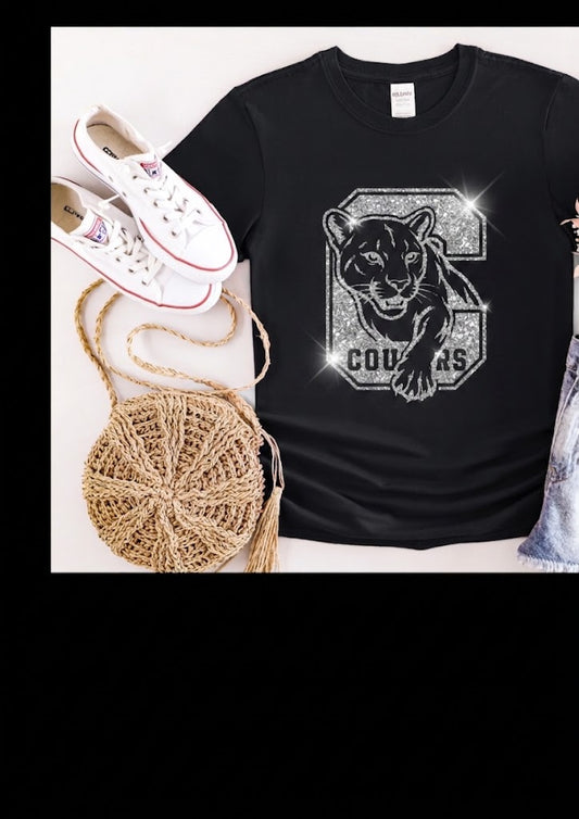 Glitter Short Sleeve T-Shirt - Cougar Walking Through Big C Design - Youth and Adult Sizes