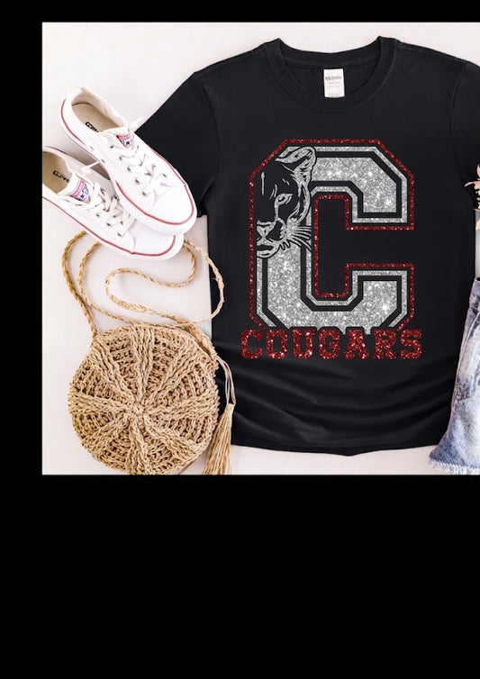 Glitter Short Sleeve T-Shirt - Two Color Big C with Cougar Design - Youth and Adult Sizes