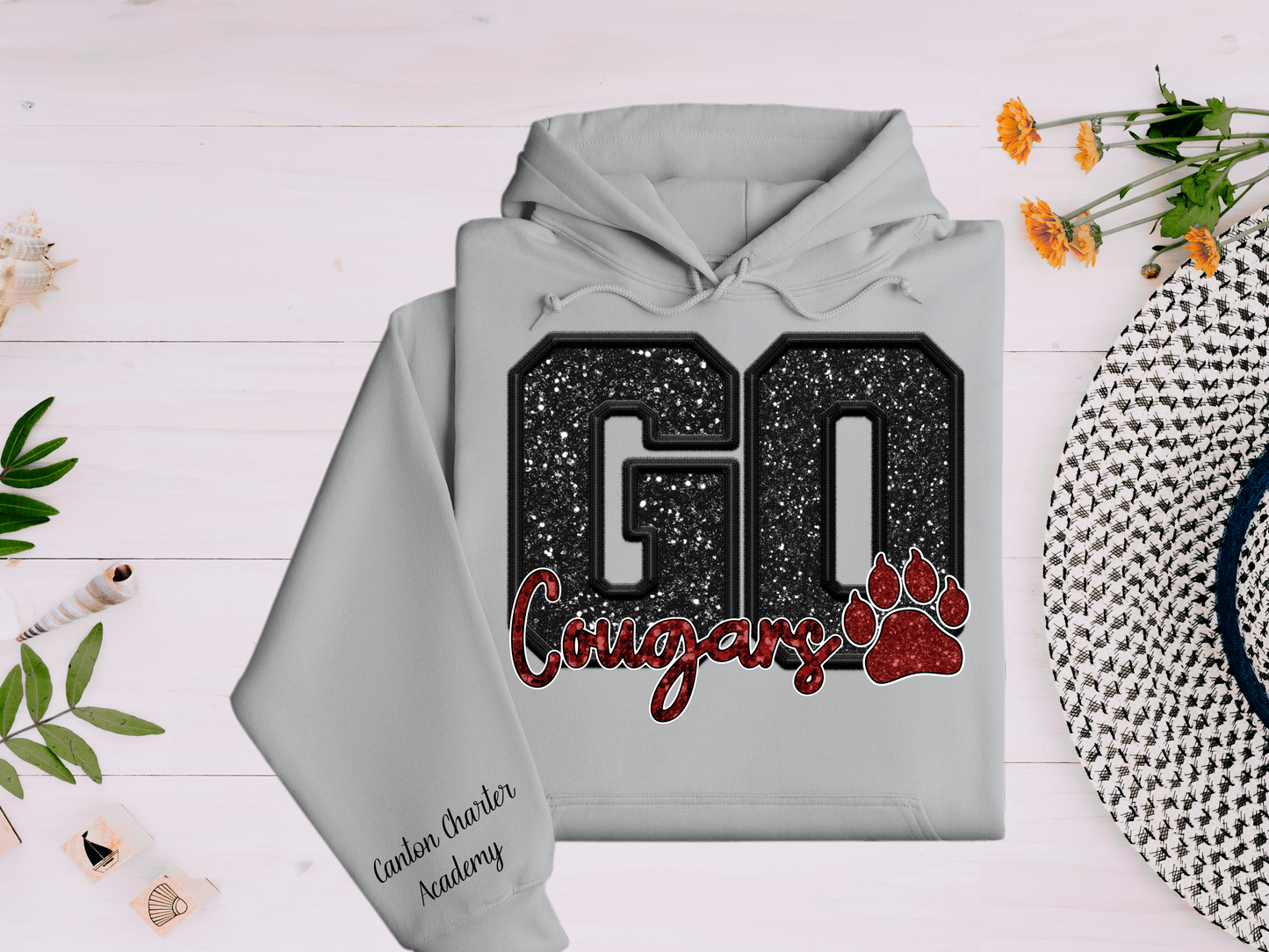 Sublimation Hoodie - Go Cougars Faux Glitter - Sleeve Detail - Adult Sizes