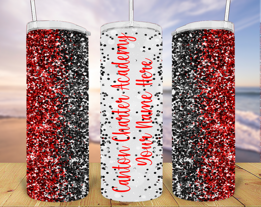 20oz Skinny Tumbler - Red and Black Glitter with CCA and Your Personalized Name