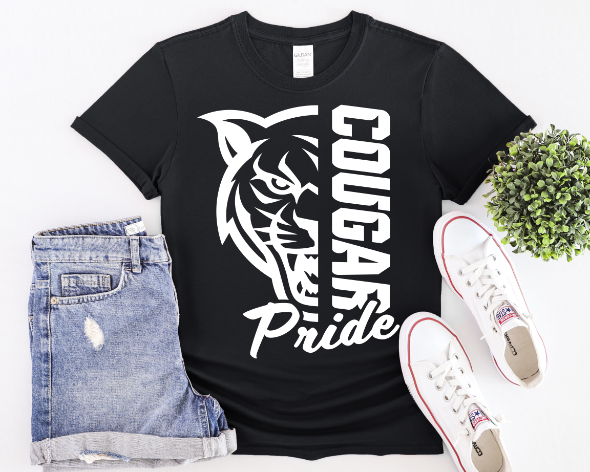 Black Cougar Pride T-Shirt - Vinyl on 100% Cotton - Youth and Adult Sizes