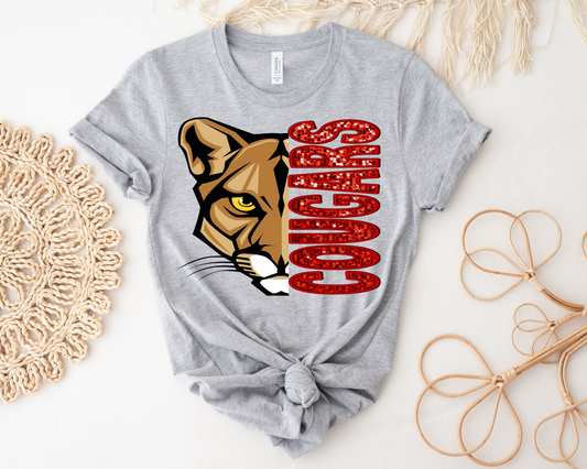 Cougar with Red Faux Glitter - Light Gray Short Sleeved T-Shirt - Youth and Adult Sizes Available