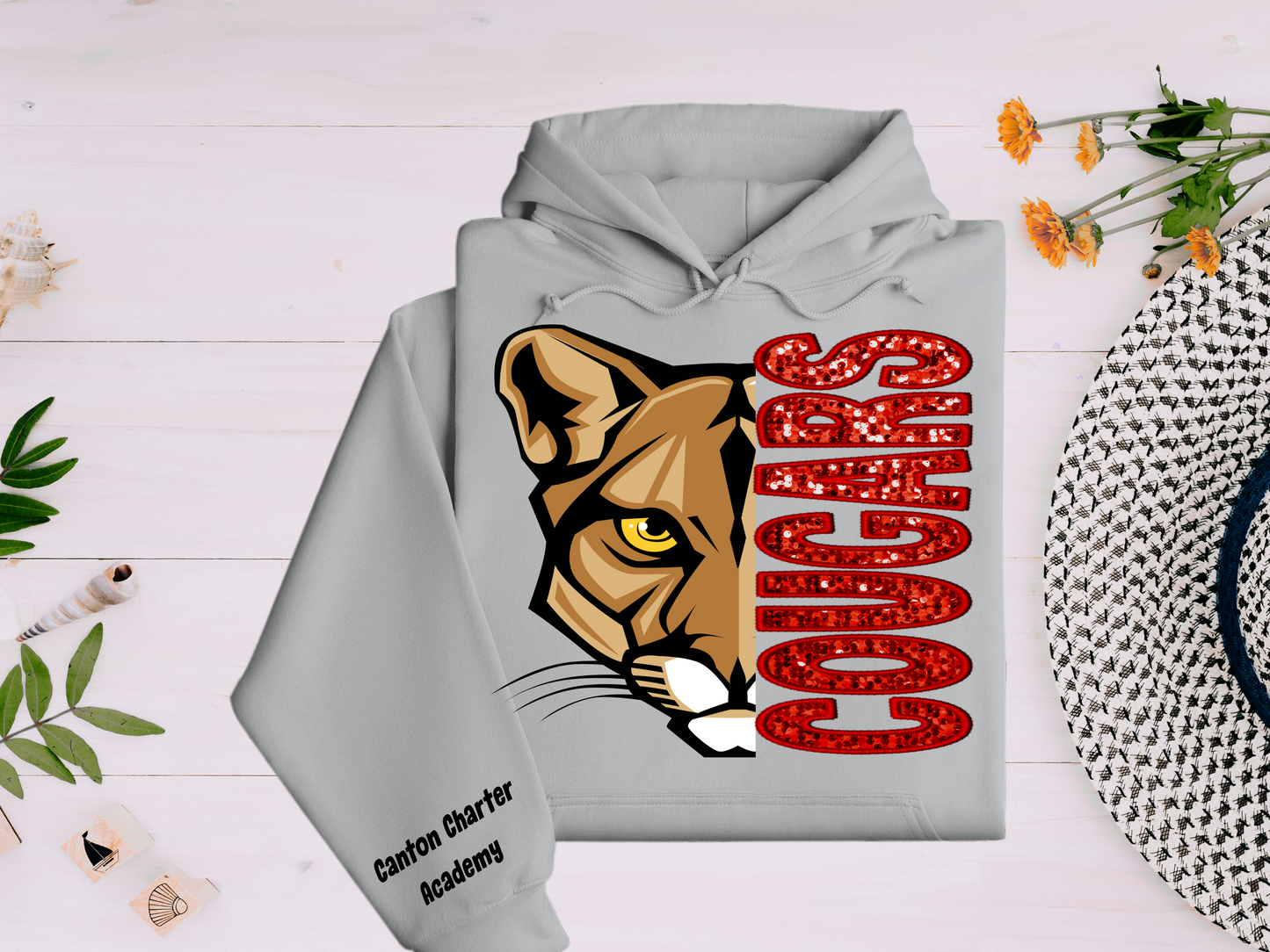 Sublimation Hoodie - Cougar with Faux Red Glitter Letters - Sleeve Detail - Adult Sizes