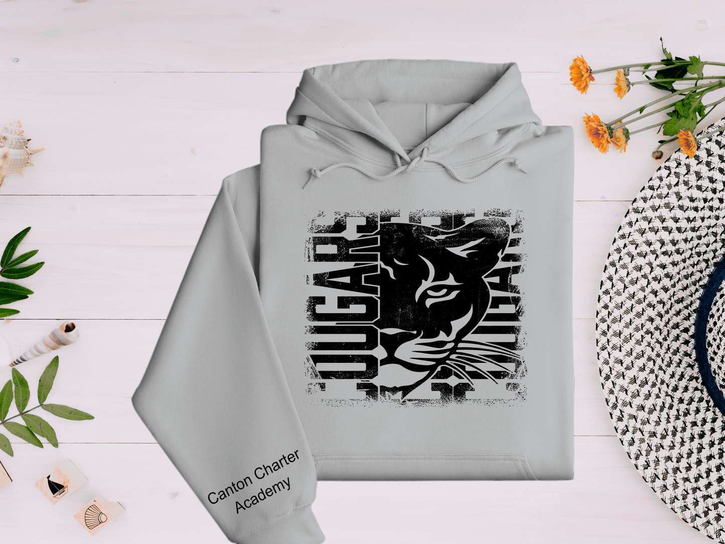 Sublimation Hoodie - Distressed Cougar Design - Sleeve Detail - Adult Sizes