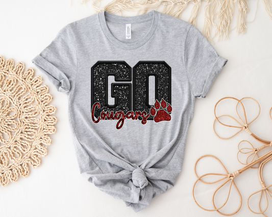 Go Cougars Faux Glitter Design - Light Gray Short Sleeved T-Shirt - Youth and Adult Sizes Available