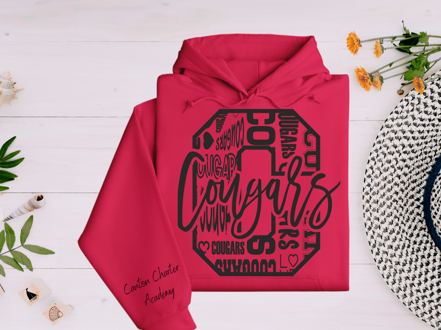 Hoodie - Big C With Different Fonts - Cougars - Sleeve Detail - Toddler, Youth and Adult Sizes