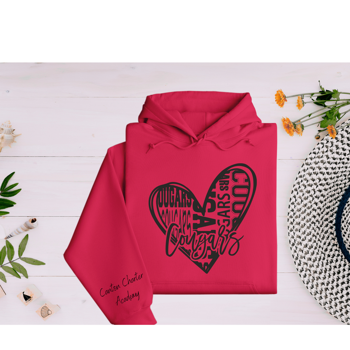 Polyester Hoodie in Red - Multi-Font Cougars Heart - Youth and Adult Sizes