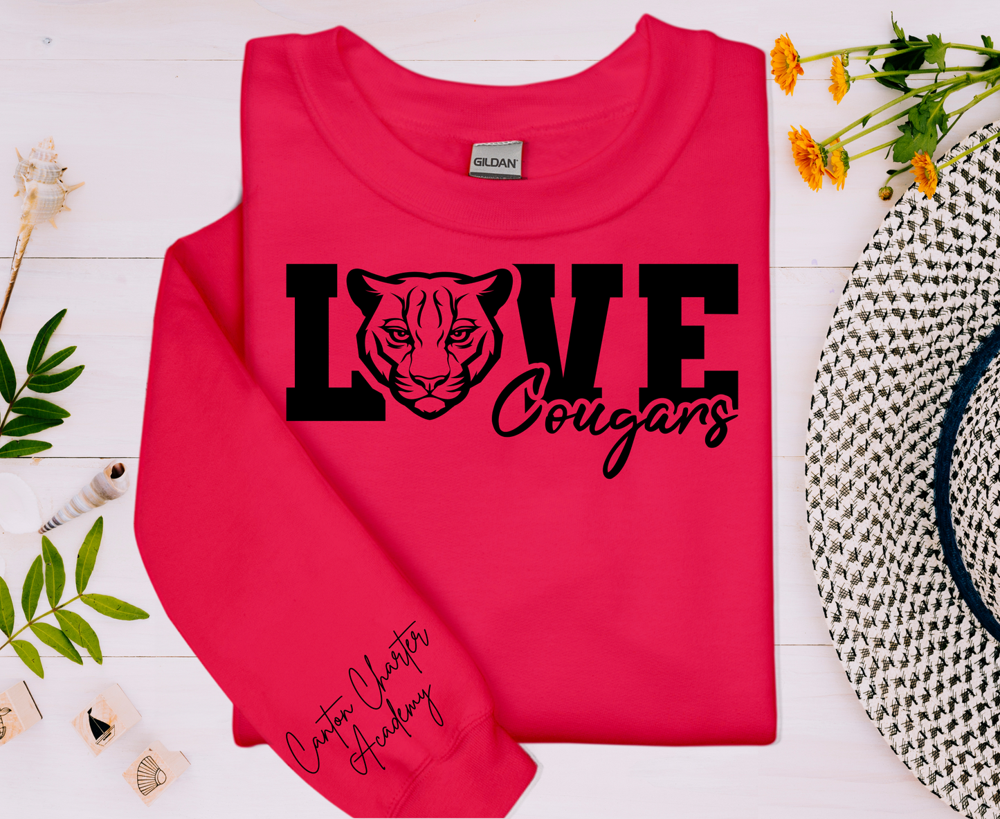 Sweatshirt - Red with Love Cougars Design- Sleeve Detail - Youth and Adult Sizes
