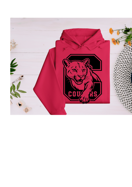 Polyester Hoodie in Red - Cougar Walking Through Big C Design - Youth and Adult Sizes