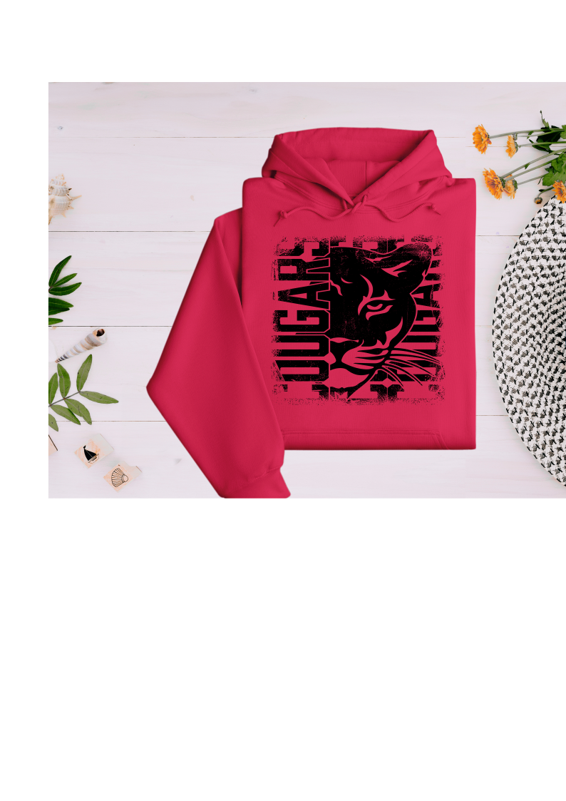 Polyester Hoodie in Red - Distressed Cougar Design - Youth and Adult Sizes