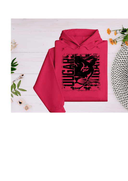 Polyester Hoodie in Red - Distressed Cougar Design - Youth and Adult Sizes