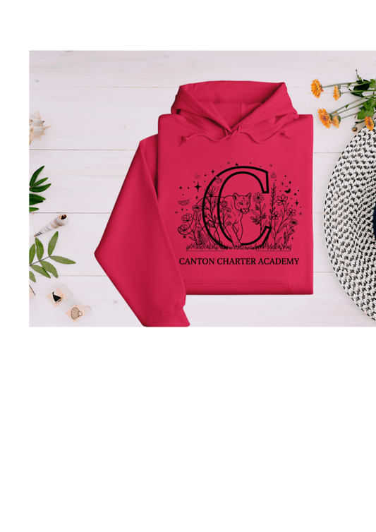 Polyester Hoodie in Red - Floral Cougar Design - Youth and Adult Sizes