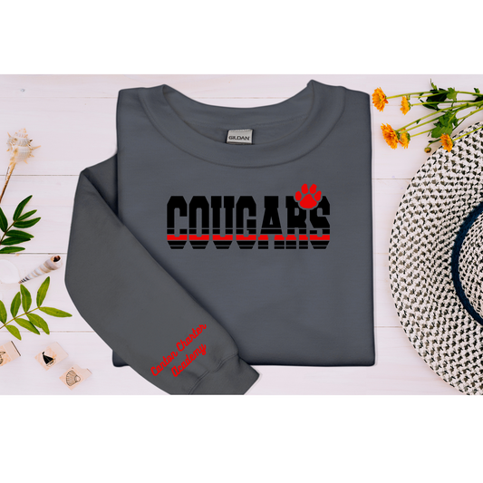 Sweat Shirt - Cougars on Dark Gray - Sleeve Detail - Toddler, Youth and Adult Sizes Available