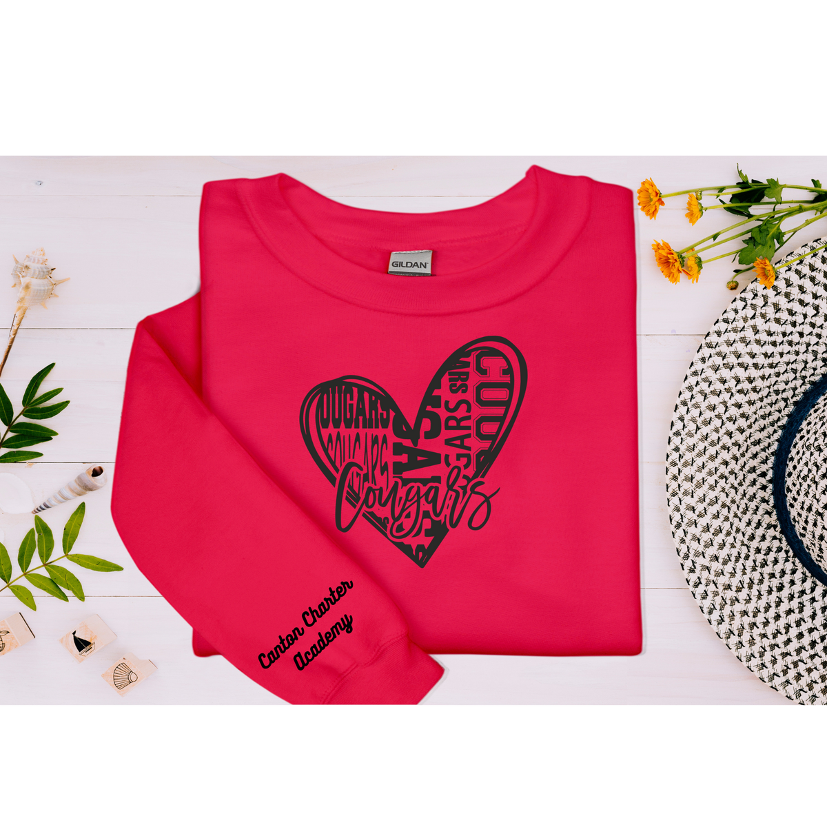 Long Sleeve T-Shirt - Multi Font Cougar Heart Design - Youth and Adult Sizes