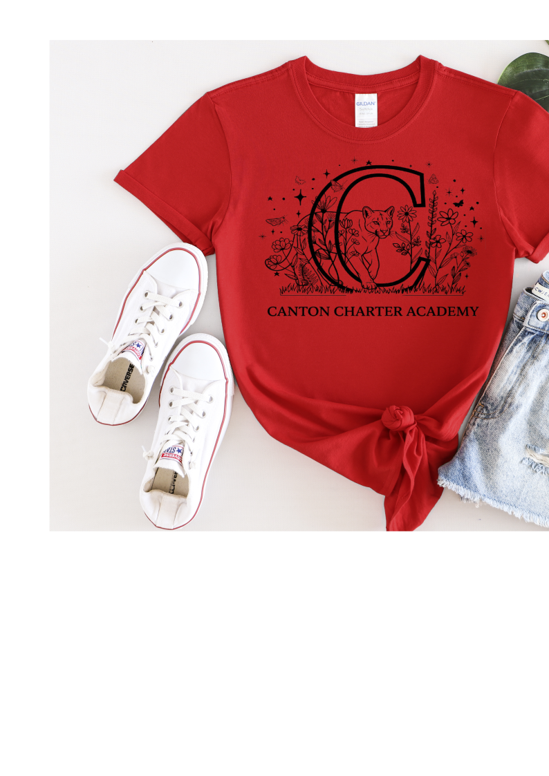 Short Sleeve Polyester Red T-Shirt - Floral Cougar Design - Youth And Adult Sizes
