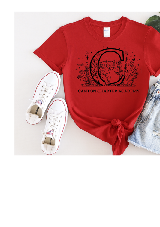 Short Sleeve Polyester Red T-Shirt - Floral Cougar Design - Youth And Adult Sizes