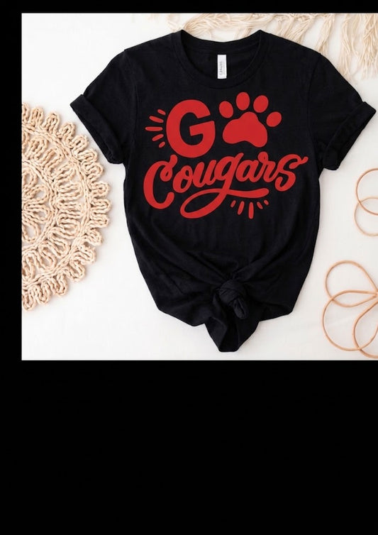 Short Sleeve T-Shirt (Black) - Go Cougars in Vinyl Design - Youth and Adult Sizes
