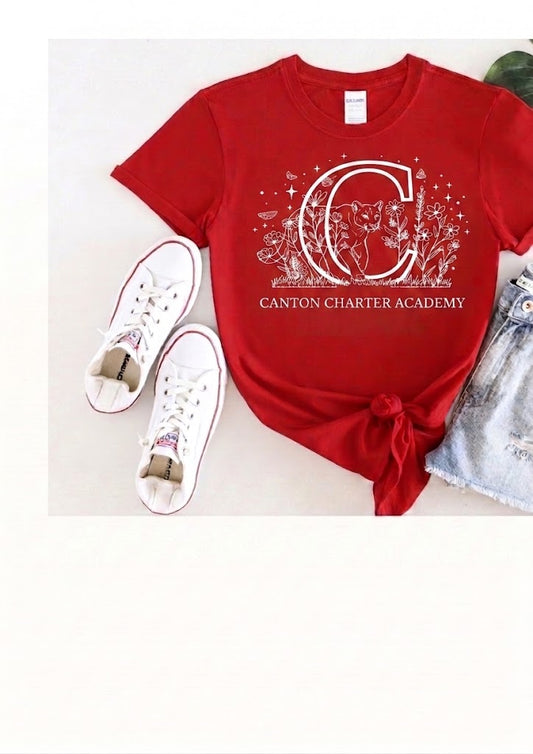 Short Sleeve T-Shirt - Floral Cougar Design in White Vinyl - Youth and Adult Sizes